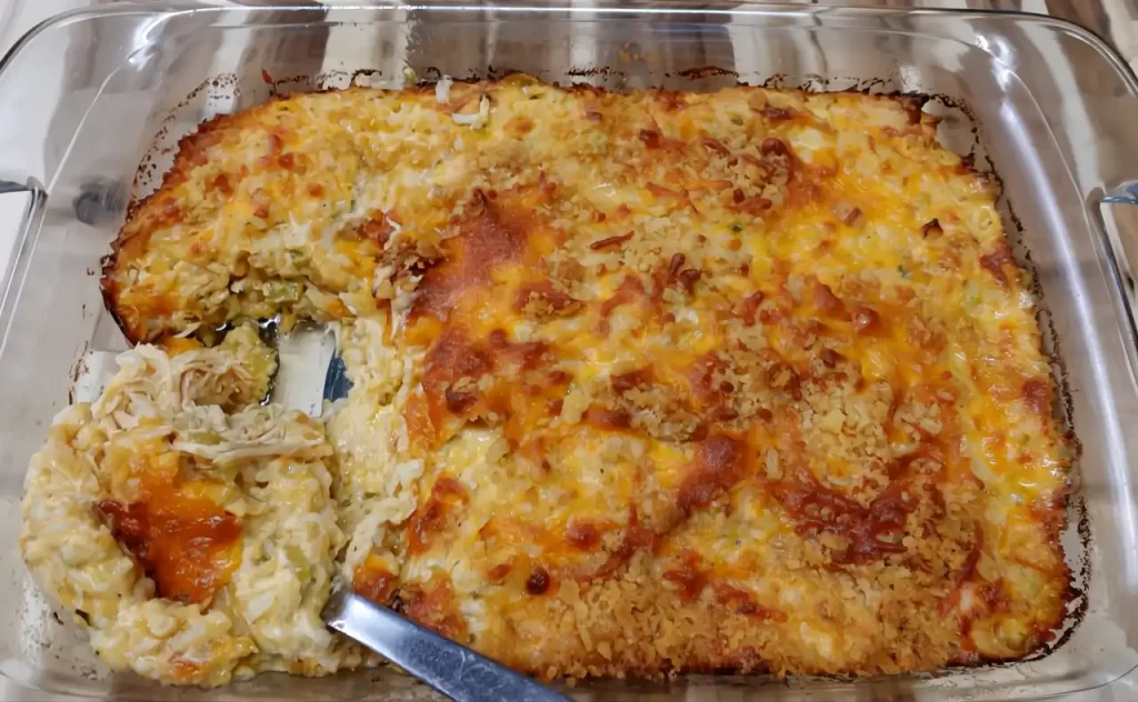 top-view-buffalo-chicken-rice-casserole