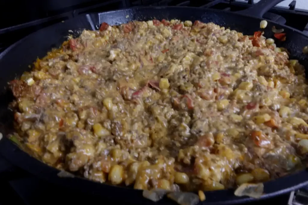 beef-filling-in-cast-iron-skillet-for-taco-casserole