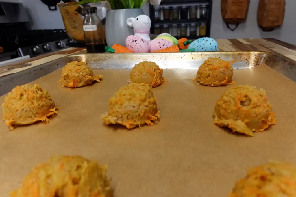 carrot-cake-cookie-dough-scooped-on-baking-sheet