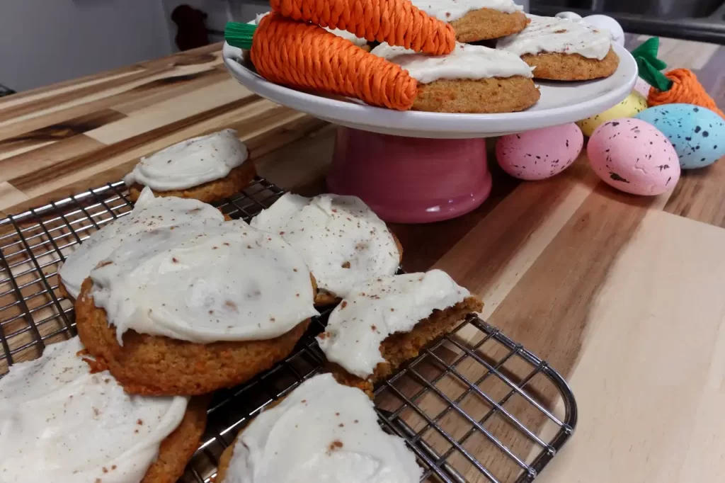 display-carrot-cake-cookies-on-pedestal-and-cooling-rack.