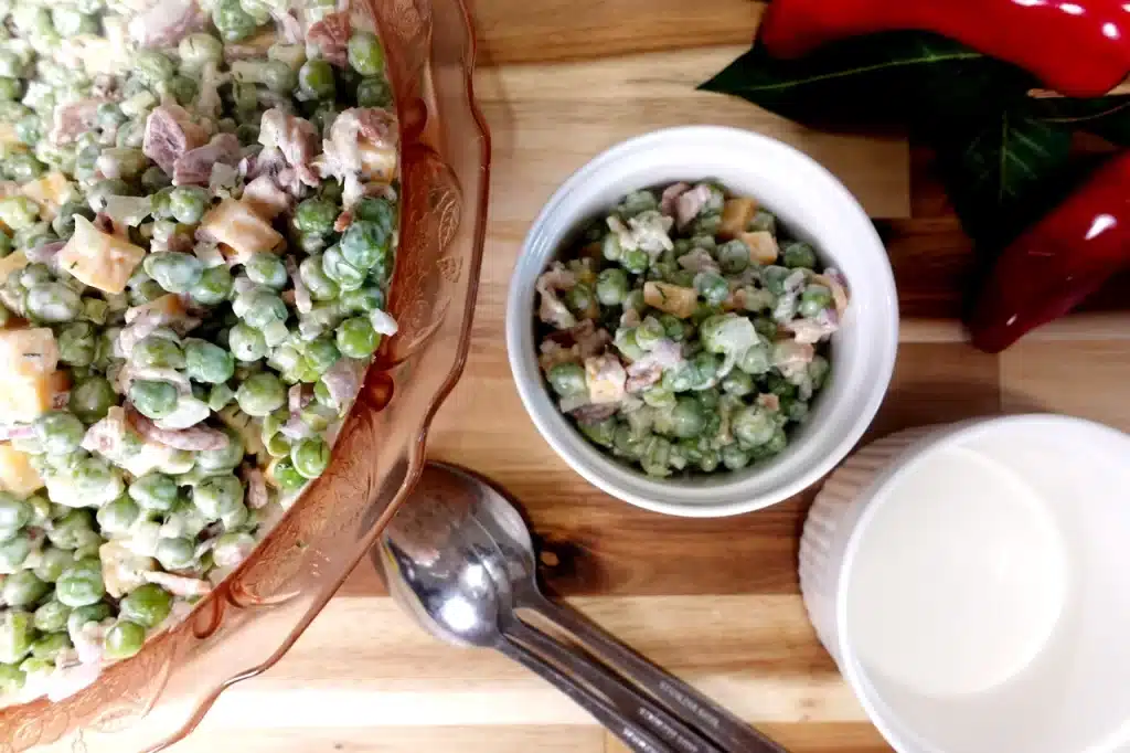top-view-bacon-pea-salad-in-serving-bowl-and-dish