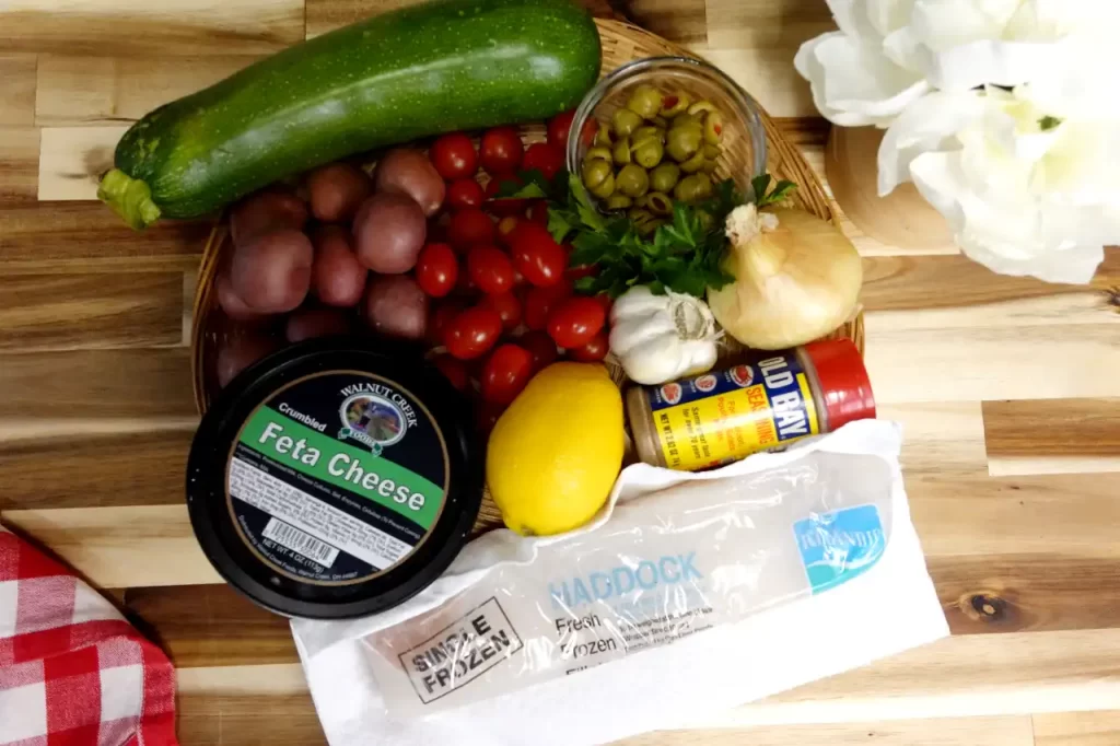 top-view-of-all-ingredients-needed-for-coastal-garden-haddock-pouches.