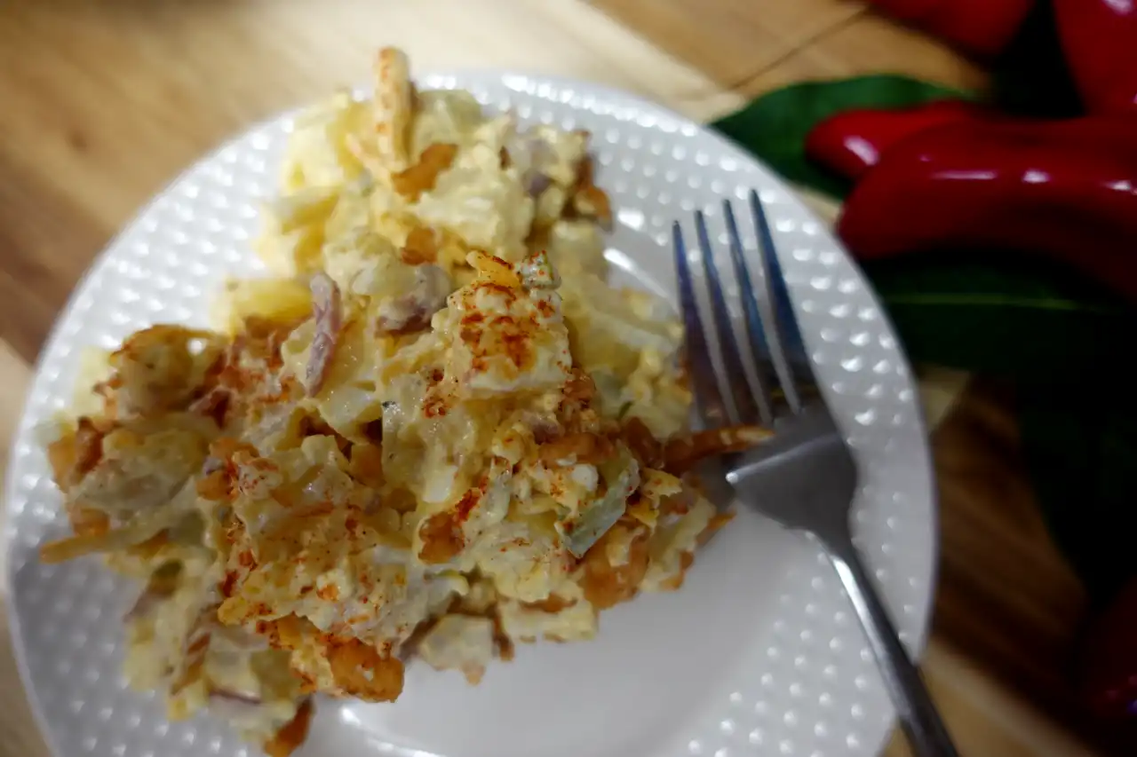 Deviled Egg Potato Salad (with bacon,cheddar & pickles)