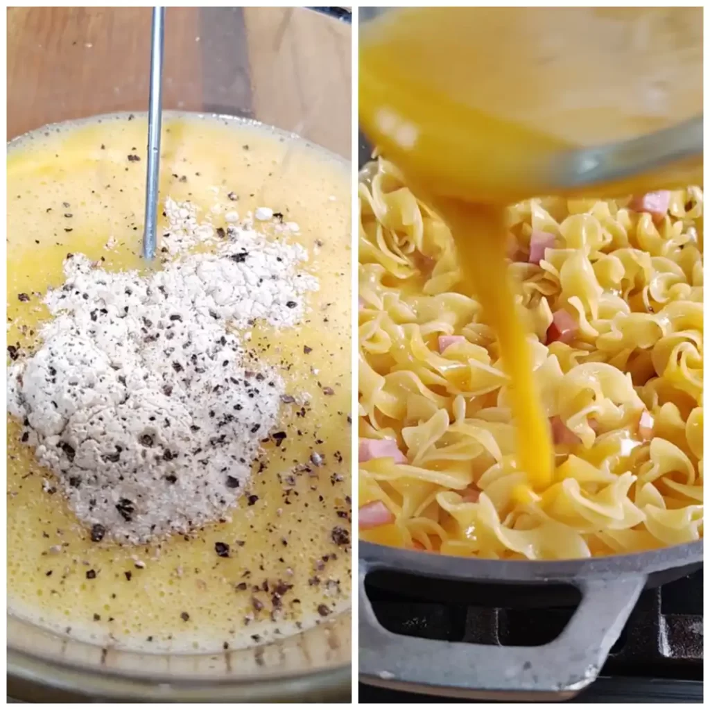 photo-collage-of-eggs-being-mixed-poured-over-noodles-and-ham.