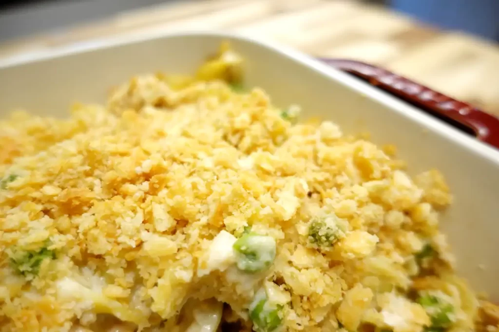 close up finished tuna noodle casserole in white baking dish
