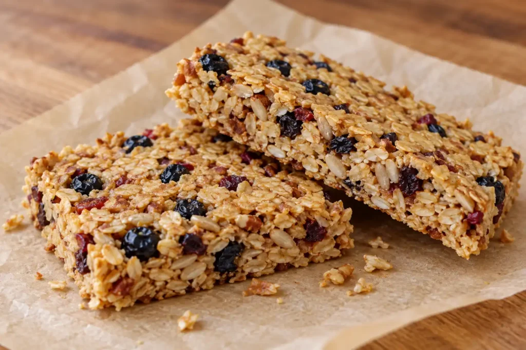 Homemade-Blueberry-Cranberry-Granola-Bars-Oats-dried-berries-nuts-and-sunflower-seeds.