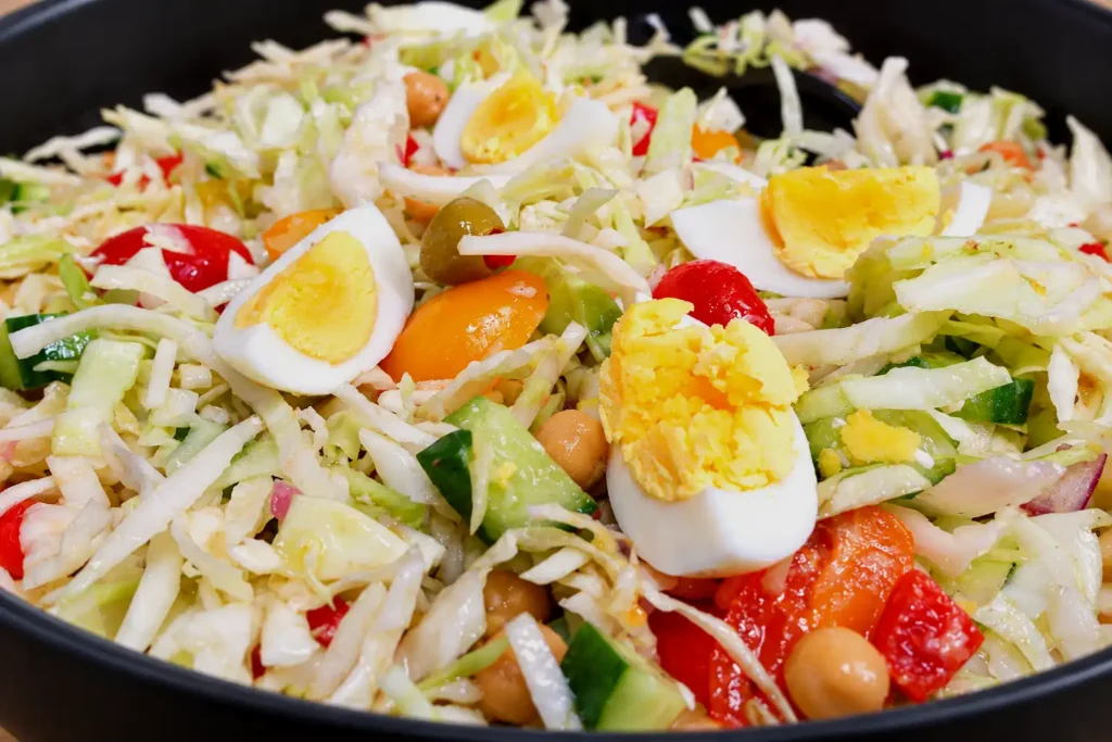 Mediterranean-chopped-cabbage-salad-in-a-black-bowl-with-shredded-cabbage-hard-boiled-eggs-chickpeas-cucumbers-tomatoes-green-olives-and-homemade-vinaigrette