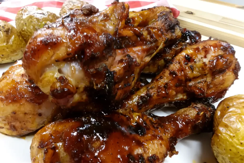 Traeger-smoked-chicken-drumsticks-coated-in-glossy-BBQ-sauce-served-on-a-white-platter-with-golden-roasted-potatoes